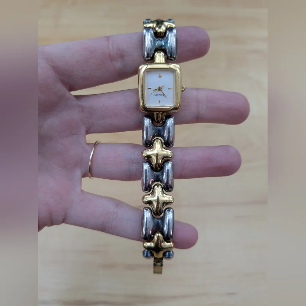 Vintage Monet 1980s Two-Tone Gold and Silver Sculptural Link Bracelet Watch - Picture 10 of 11